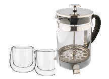 SET CAFETERA DE ÉMBOLO PLATEADA CHICA CON DOS VASOS TÉRMICOS