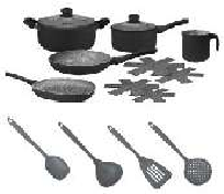 SET GRANITO NEGRO 15 PIEZAS (JARRO HERVIDOR 14CM, BIFERA 26CM, UTENSILIOS X4, POT MAT X4)