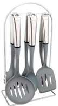 SET DE 6 UTENSILIOS DE NYLON COLOR GRIS C/MANGO DE AC. INOX Y BASE COLGANTE