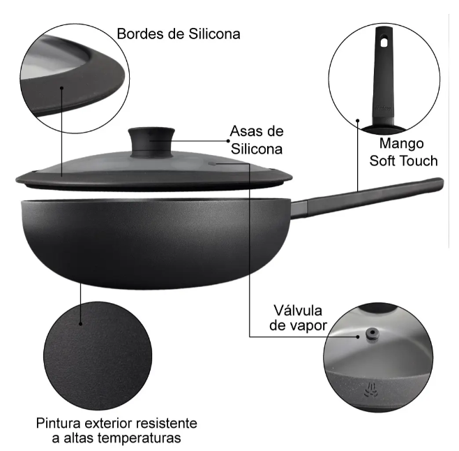 WOK ALUMINIO C/ANTIADHERENTE Y TAPA CRISTAL 32CM - foto 6