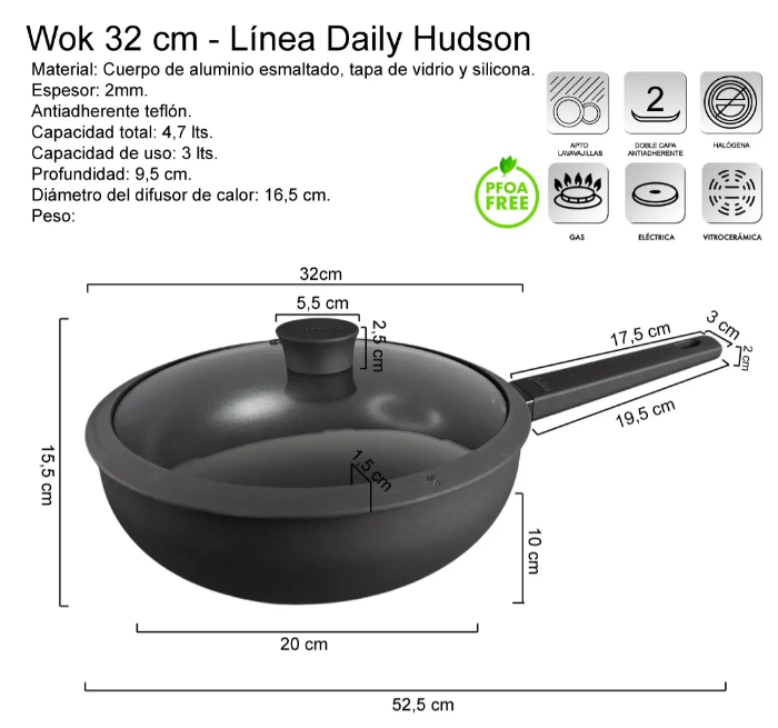 WOK ALUMINIO C/ANTIADHERENTE Y TAPA CRISTAL 32CM - foto 5