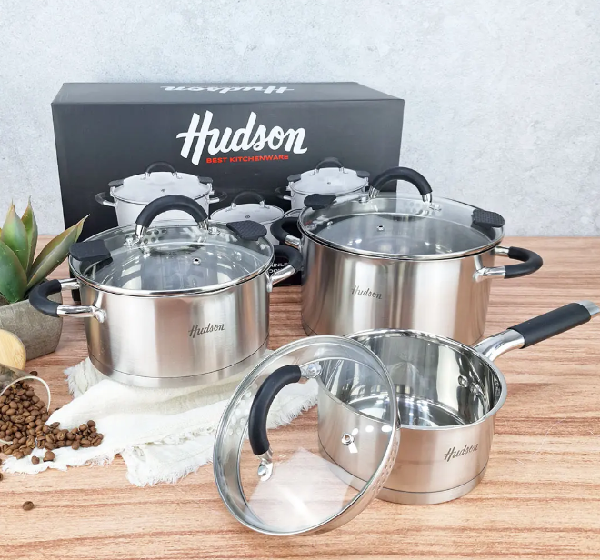BATERÍA DE ACERO INOX CON TAPA COLADOR POR 6 PIEZAS