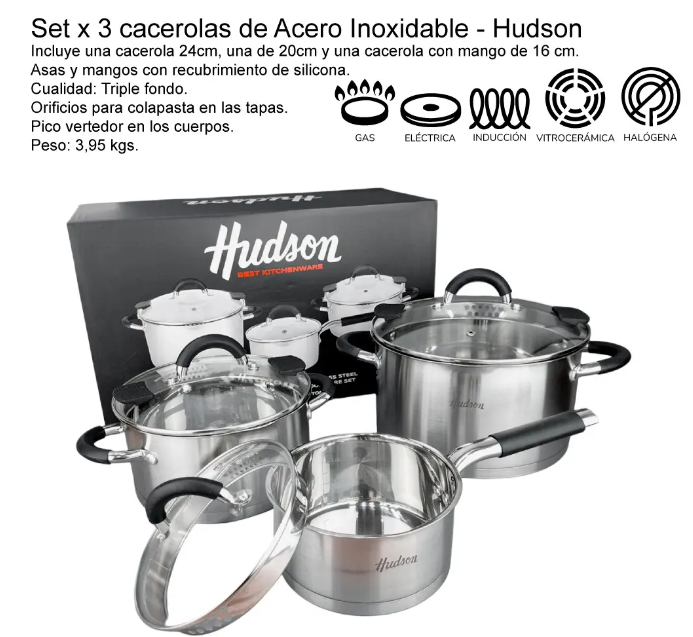 BATERÍA DE ACERO INOX CON TAPA COLADOR POR 6 PIEZAS - foto 2