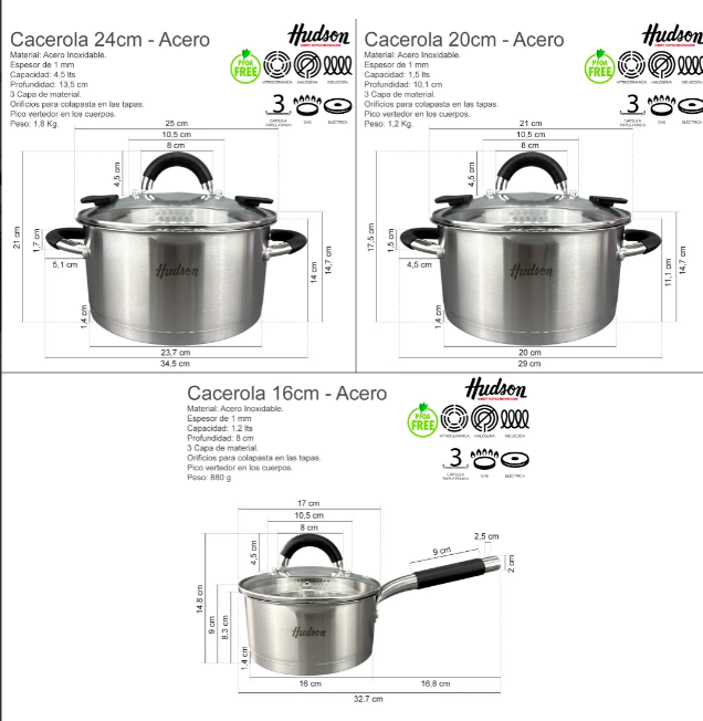 BATERÍA DE ACERO INOX CON TAPA COLADOR POR 6 PIEZAS - foto 3