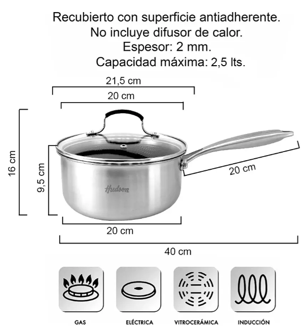 CACEROLA CON MANGO ACERO INOXIDABLE CON ANTIADHERENTE 20 CM - foto 2