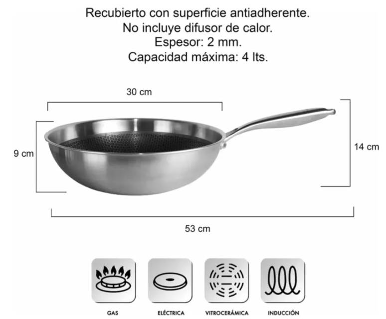 WOK DE ACERO INOXIDABLE CON ANTIADHERENTE SIN TAPA 30CM - foto 2
