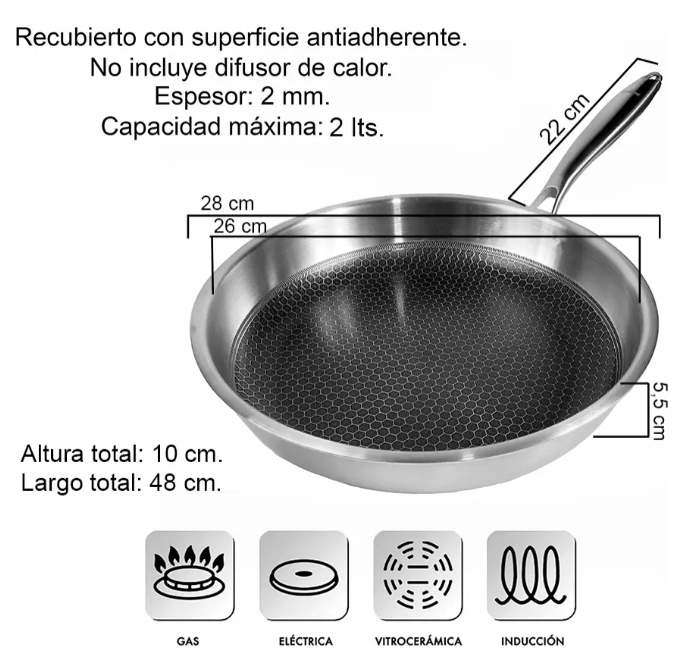 SARTÉN DE ACERO INOXIDABLE CON ANTIADHERENTE 26CM SIN TAPA - foto 4