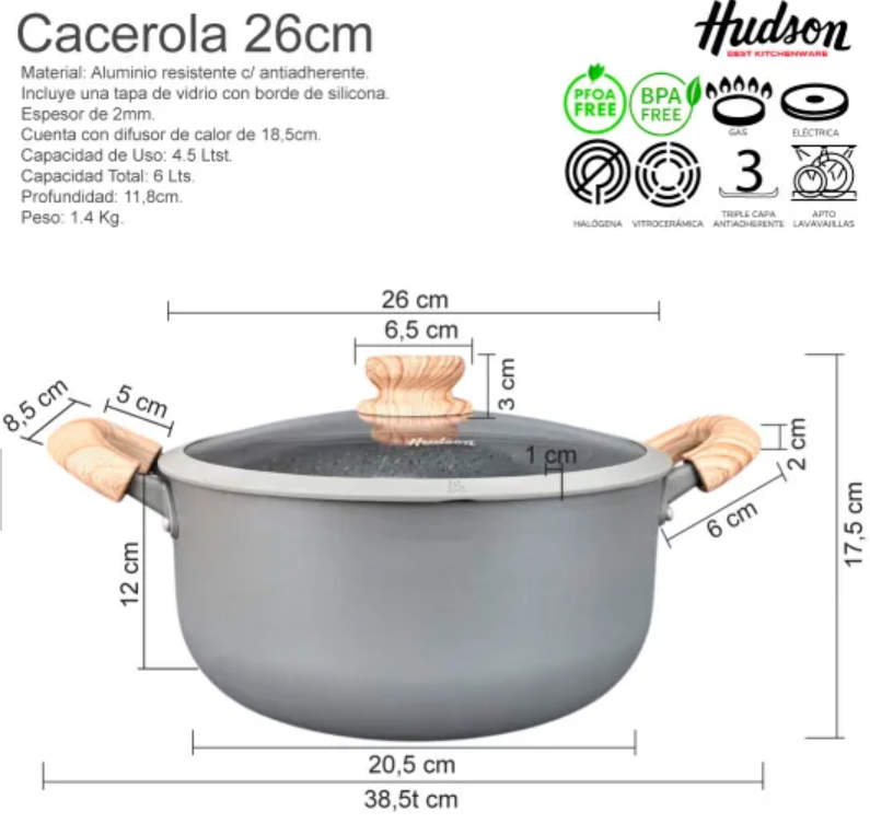 CACEROLA DE ALUMINIO C/ANTIADHERENTE GRANITO DE 26CM - foto 2