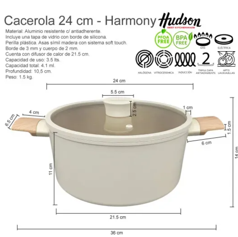 CACEROLA DE ALUMINIO FORJADO 24 CM ANTIADHERENTE HARMONY Y TAPA DE CRISTAL - foto 3