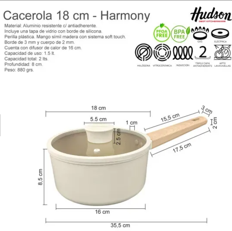 CACEROLA DE ALUMINIO FORJADO 20 CM ANTIADHERENTE HARMONY Y TAPA DE CRISTAL - foto 2