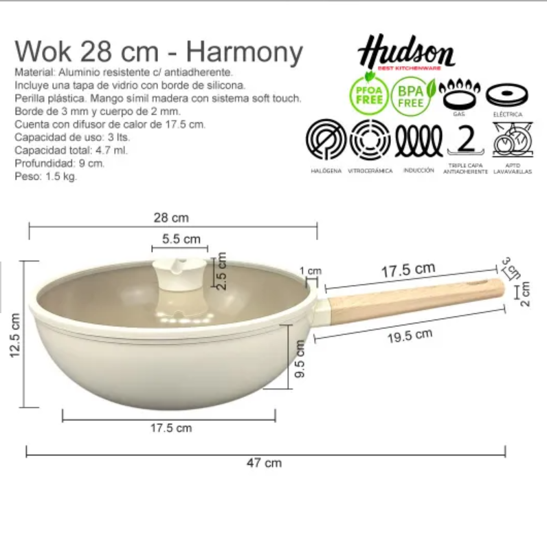 WOK CON TAPA DE ALUMINIO FORJADO 28 CM ANTIADHERENTE HARMONY - foto 2