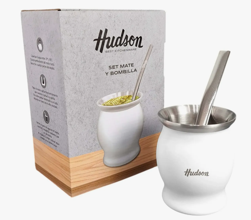 SET MATE ACERO INOX CON BOMBILLA COPA BLANCO (NUEVO)