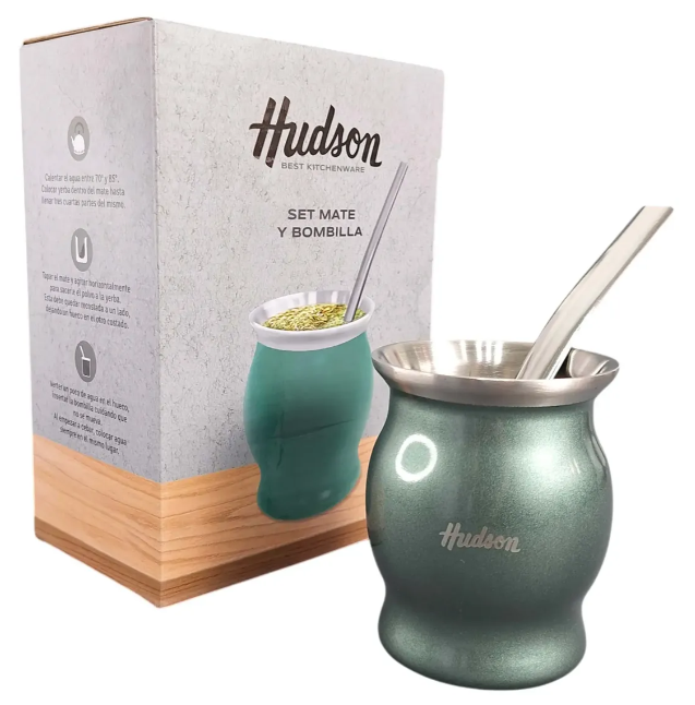 SET MATE ACERO INOX CON BOMBILLA COPA VERDE (NUEVO)