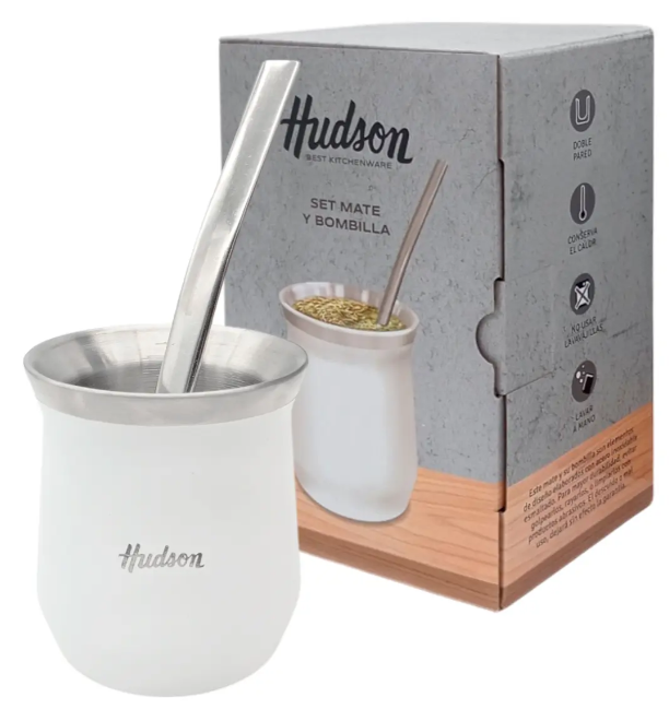 SET MATE ACERO INOX CON BOMBILLA VASO BLANCO (NUEVO)