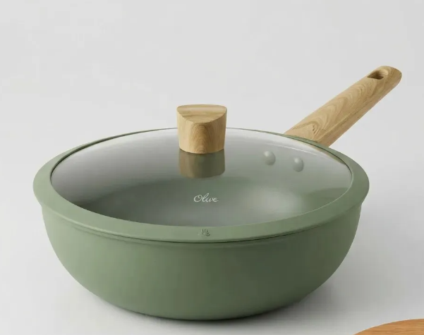 WOK DE ALUMINIO C/ANTIADHERENTE OLIVE CON TAPA DE 28CM