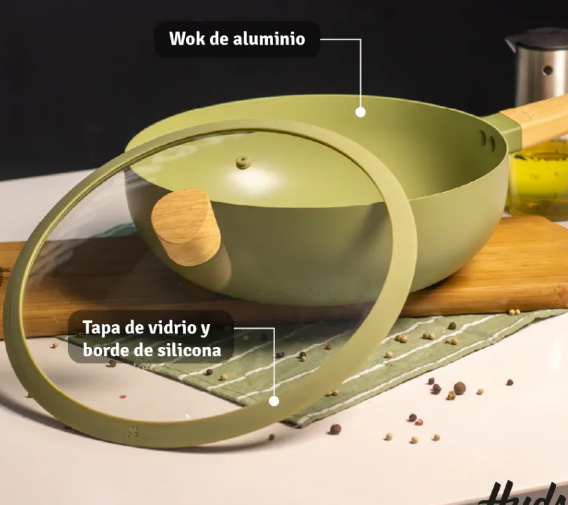 WOK DE ALUMINIO C/ANTIADHERENTE OLIVE CON TAPA DE 28CM - foto 3