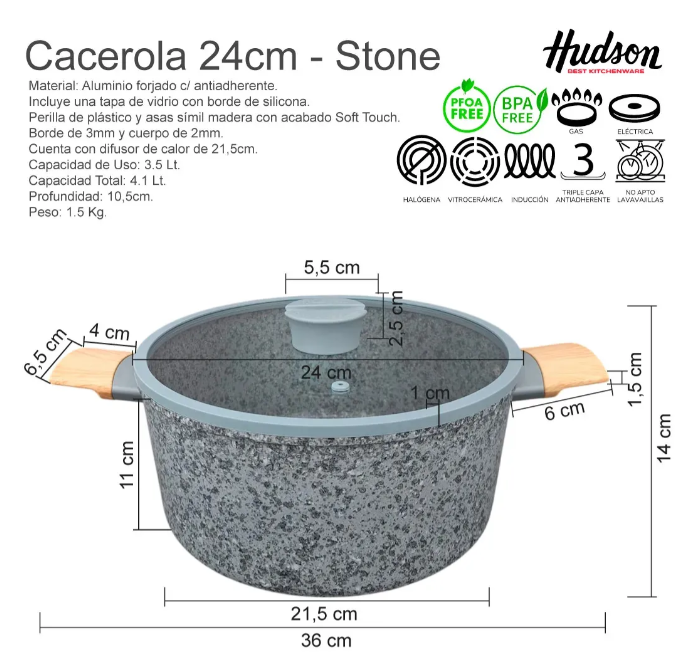 CACEROLA DE ALUMINIO FORJADO 24 CM ANTIADHERENTE GRANITO Y TAPA DE CRISTAL - foto 2