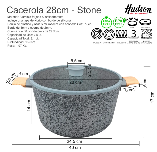 CACEROLA DE ALUMINIO FORJADO 28 CM ANTIADHERENTE GRANITO Y TAPA DE CRISTAL - foto 2
