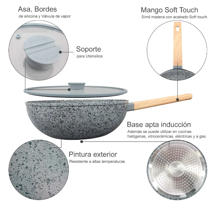 WOK CON TAPA DE ALUMINIO FORJADO 28 CM ANTIADHERENTE GRANITO - foto 3