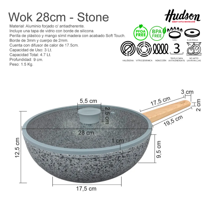 WOK CON TAPA DE ALUMINIO FORJADO 28 CM ANTIADHERENTE GRANITO - foto 2