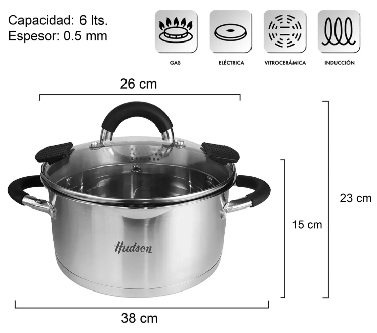 CACEROLA ACERO INOX ASAS SILICONA C/ESCALA INTERIOR Y TAPA COLADOR 26CM - foto 2